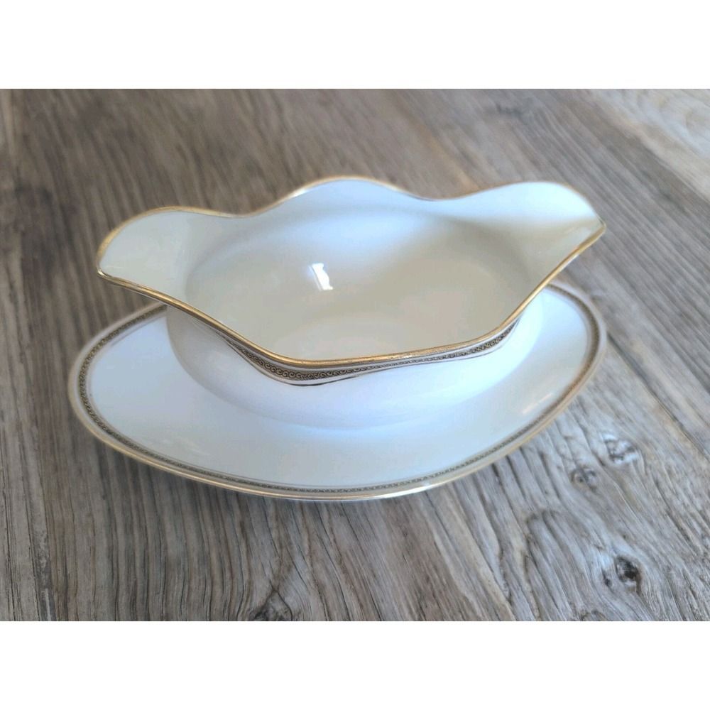 LIMOGES, FRANCE gold encrusted M. REDON 10" Gravy Boat Attached Under Plate